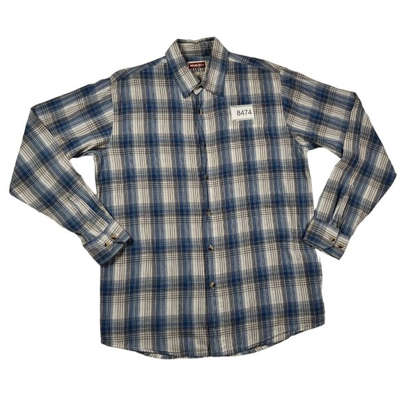 Wrangler Shirt Men's Long Sleeve Collared Plaid Button Up Blue Cream Tan Medium - Picture 11 of 11